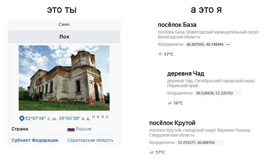 это ты а это я Село посёлок База посёлок База, Вожегодский муниципальный округ, Лох Вологодская область Координаты: 60.607000, 40.148944 деревня Чад деревня Чад, Октябрьский городской округ, Пермский 