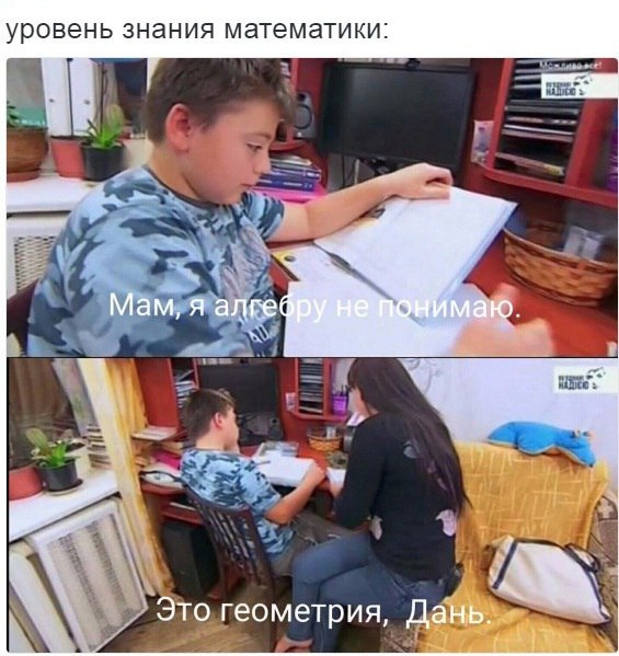 уровень знания математики: 4 Мам, я алге маю. Это геометрия, Дань.