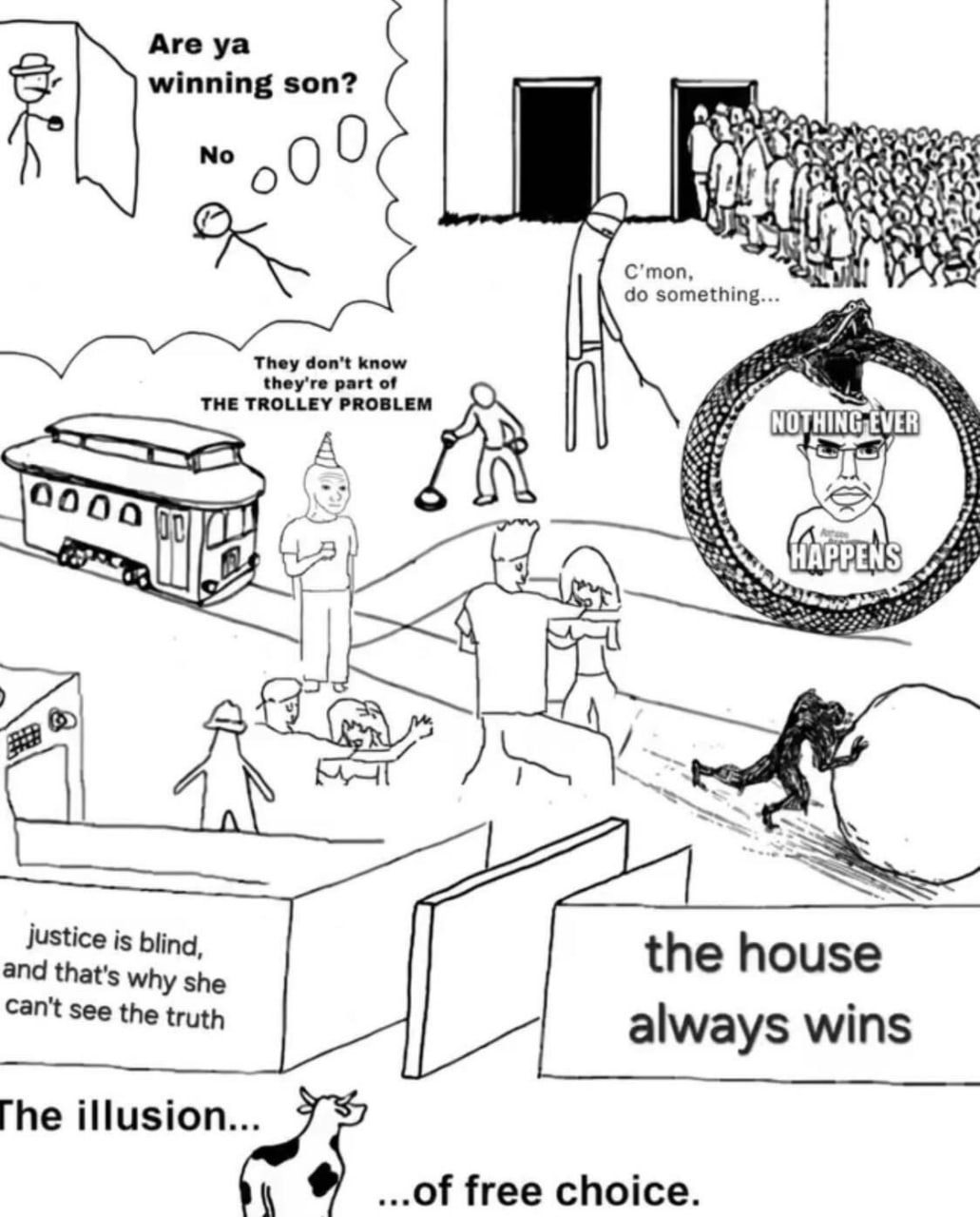 Аге winning son? No У) C'mon, something. They don't know they're part of THE TROLLEY PROBLEM EVE 02 74 Justice is bling the house and that's why she Can't see the truth always wins of free choice