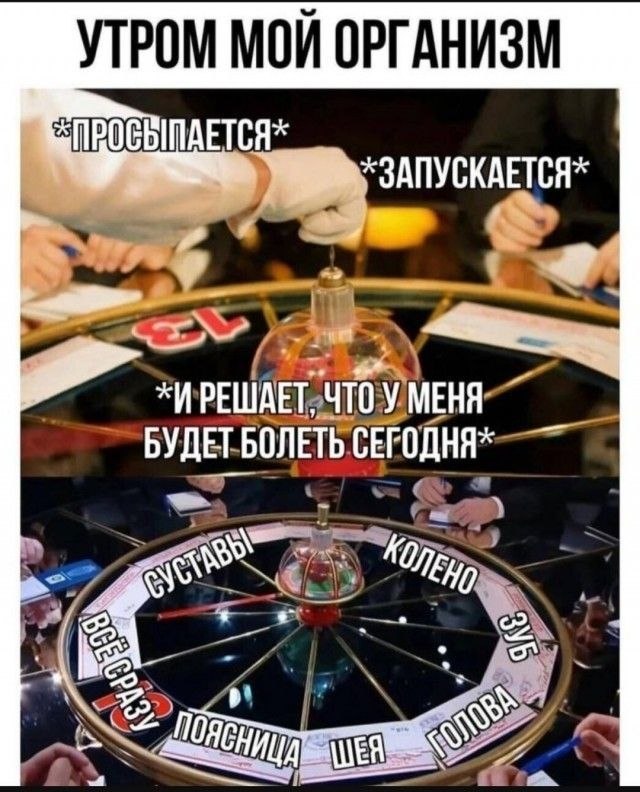 УТРОМ МОИ ОРГАНИЗМ РЕШАЕТ, ЧТО У МЕНЯ БУДЕТ БОЛЕТЬ