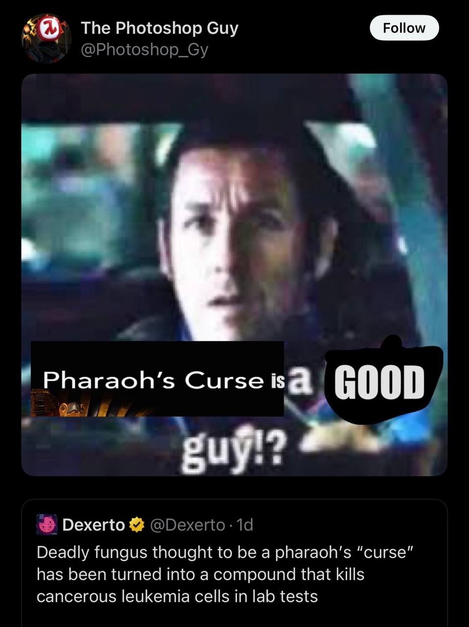 2 Photoshop Guy Follow Pharaoh’s Сигзе 6000 5 у! 9 Dexerto Deadly fungus thought {о be a “curse” has been turned into a compound that kills cancerous leukemia cells in lab tests