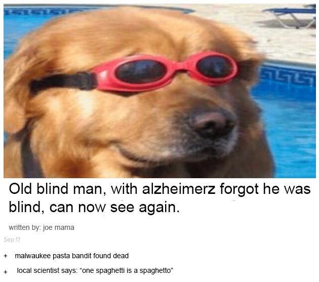 7 4 Old blind man, with alzheimerz forgot he was blind, can now see again. written joe mama pasta bandit found dead local scientist says: “one spaghetti is а spaghetto”