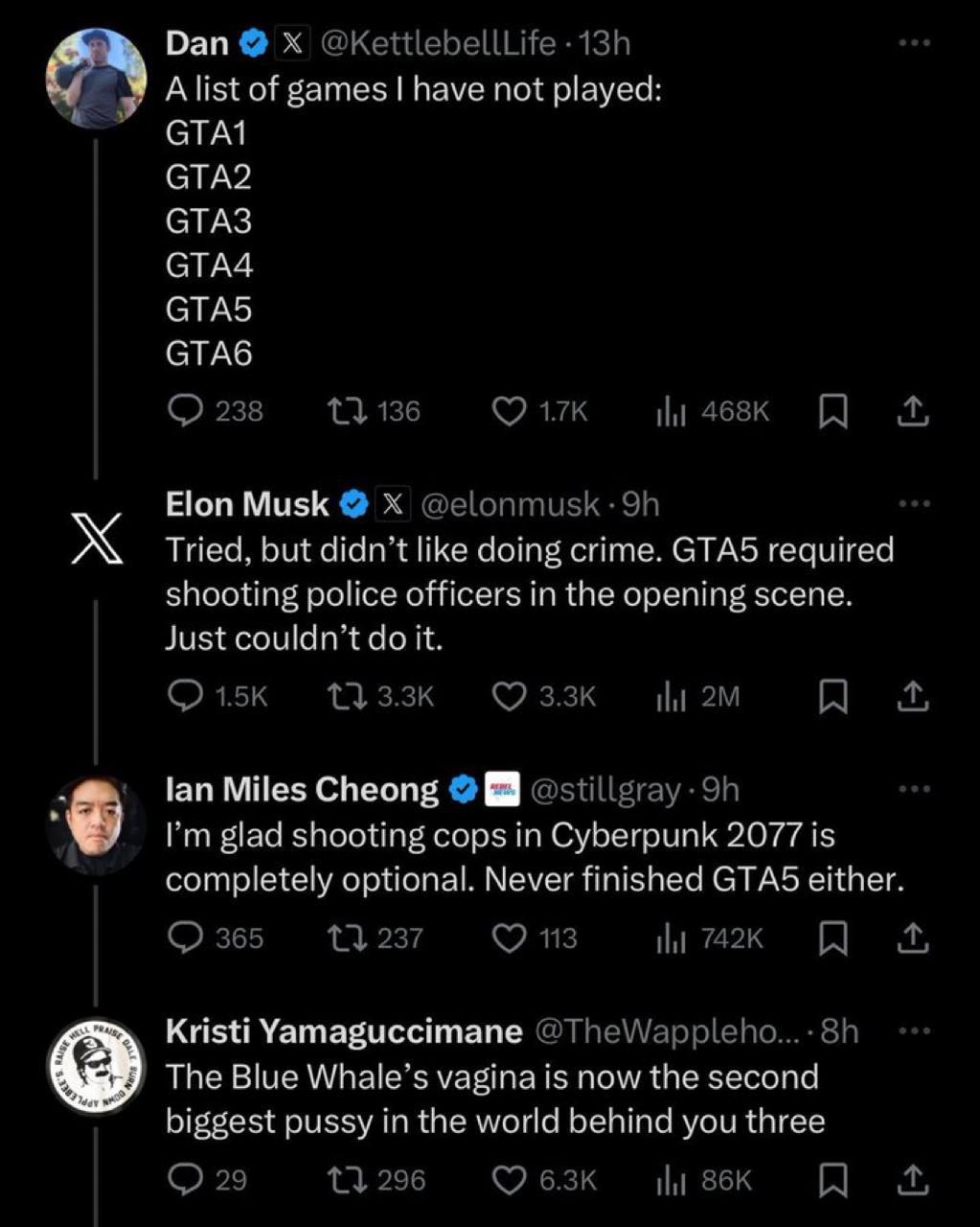 Dan A list of games have not played: СТАЛ СТА? СТАЗ GTA4 СТАБ СТАб Elon Musk Tried, but didn’t like doing crime. GTAS required shooting police officers in the opening scene. Just it. lan Miles Cheong 