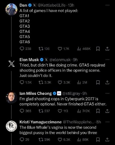 Dan A list of games have not played: СТАЛ СТА? СТАЗ GTA4 СТАБ СТАб Elon Musk Tried, but didn’t like doing crime. GTAS required shooting police officers in the opening scene. Just it. lan Miles Cheong 