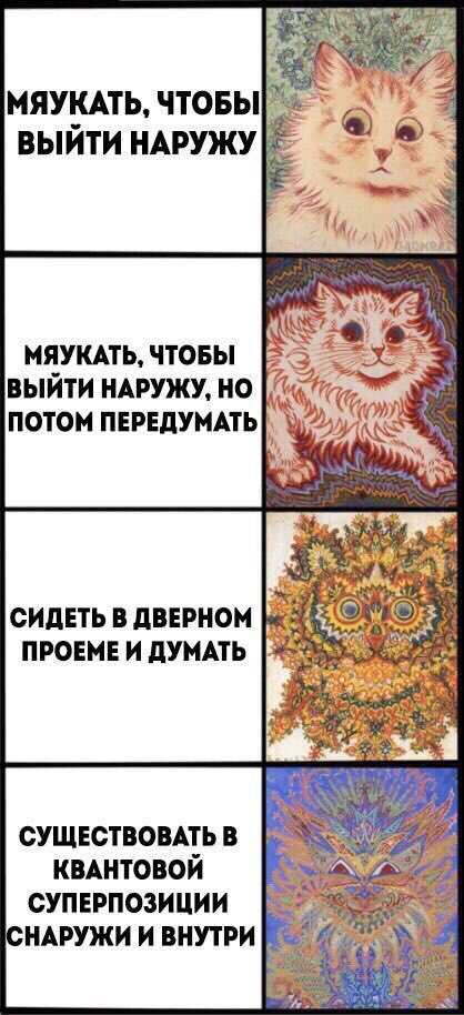 МЯУКАТЬ, ЧТОБЫ as ВЫЙТИ НАРУЖУ 3 My у МЯУКАТЬ, ЧТОБЫ ВЫЙТИ НАРУЖУ, ПОТОМ ПЕРЕДУМАТЬ СИДЕТЬ В ДВЕРНОМ ПРОЕМЕИ ДУМАТЬ £5 СУЩЕСТВОВАТЬ В КВАНТОВОЙ СУПЕРПОЗИЦИИ НАРУЖИ И ВНУТРИ