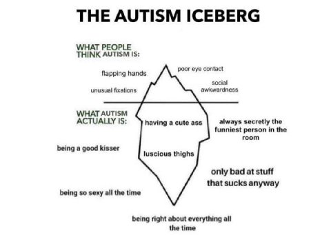 THE AUTISM ICEBERG THINK AUTISM IS: poor eye contact flapping hands social unusual fixations awkwardness WHAT AUTISM A having a cute ass always secretly the funniest person in the room being a good ki