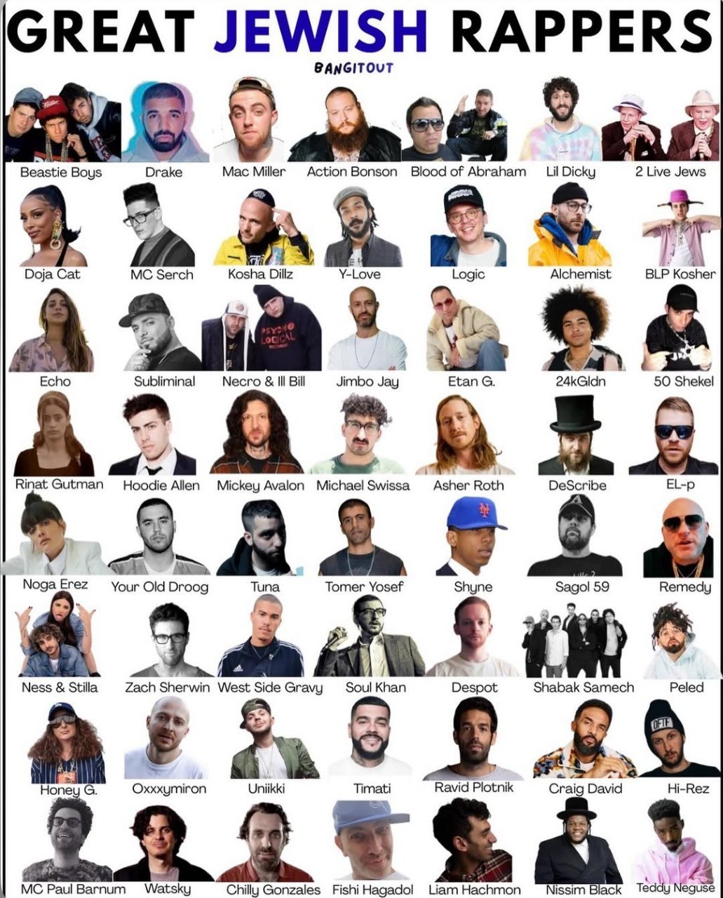 GREAT JEWISH RAPPERS BANGITOUT 9 Drake Mac Miller Action Bonson Blood of Abraham 2 Live Jews Beastie Boys Lil Dicky Doja Cat Serch Kosha Dillz Y-Love Logic BLP Kosher 9 Echo Subliminal Necro Ill Bill 