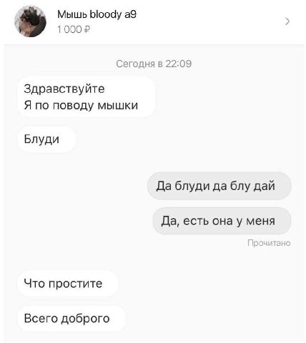 Мышь bloody а9 Сегодня в 22:09 Здравствуйте Я по поводу мышки Блуди Да блуди да блу дай Да, есть она у меня Что простите Всего доброго