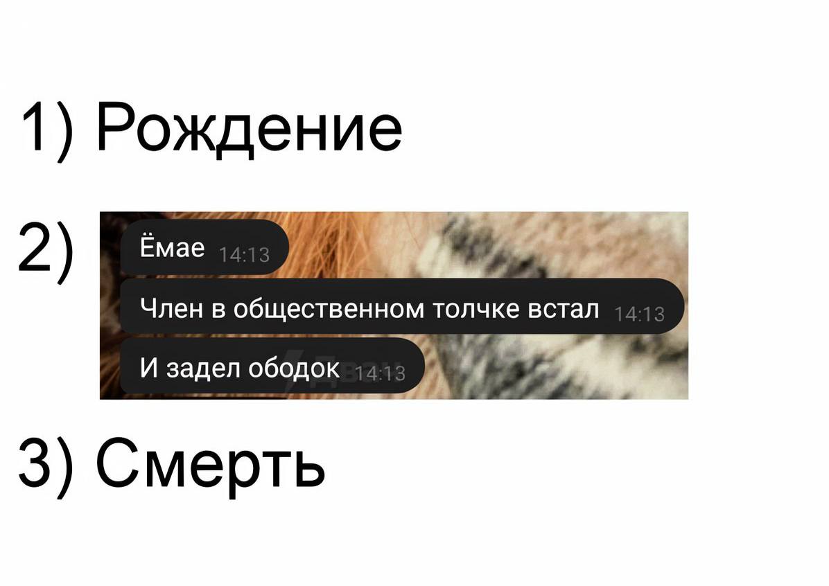 1) Рождение 2) a) Член в общественном толчке встал И задел 3) Смерть