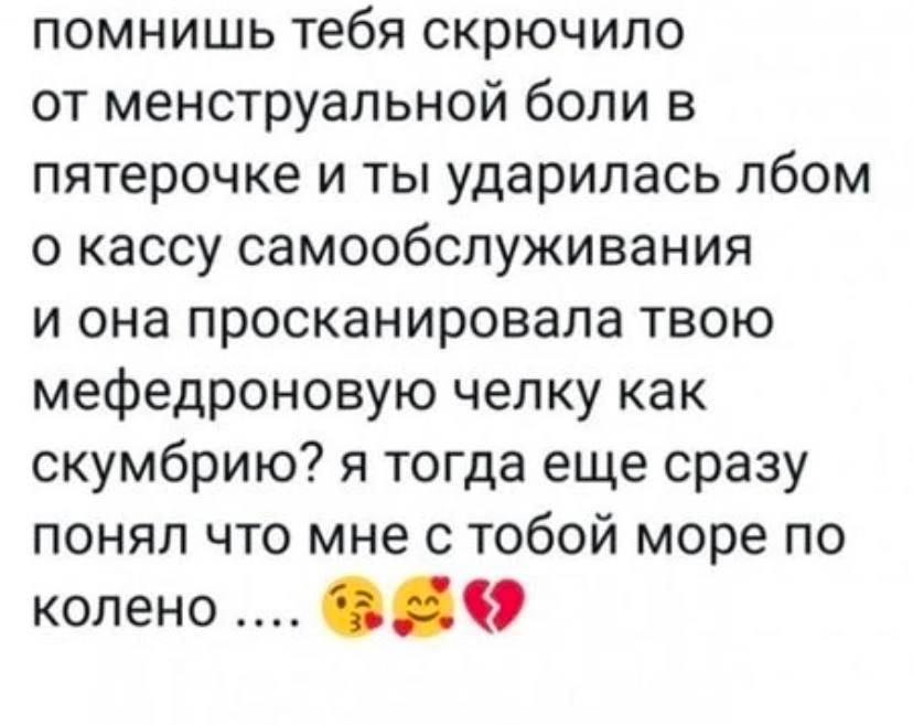 помнишь тебя скрючило от менструальной боли в пятерочке и ты ударилась лбом о кассу самообслуживания и она просканировала твою мефедроновую челку как скумбрию? я тогда еще сразу понял что мне с тобой 