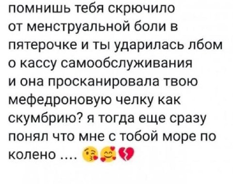 помнишь тебя скрючило от менструальной боли в пятерочке и ты ударилась лбом о кассу самообслуживания и она просканировала твою мефедроновую челку как скумбрию? я тогда еще сразу понял что мне с тобой 