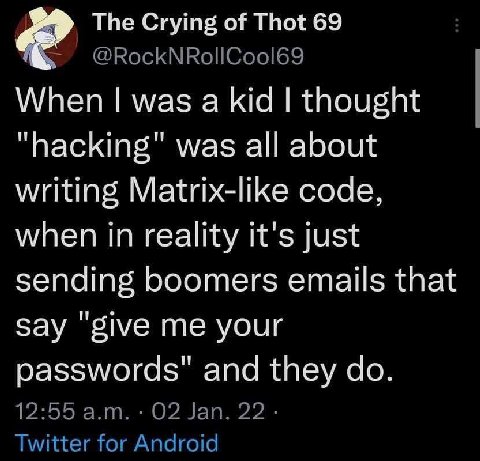 The Crying of Thot 69 When was a kid thought was all about writing Matrix-like code, when in reality it's just sending boomers emails that Say me your passwords" and they 12:55 02 Jan. 22. Twitter for