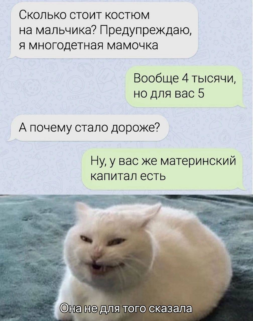 Сколько стоит костюм на мальчика? Предупреждаю, я многодетная мамочка Вообще 4 тысячи, но для вас 5 А почему стало дороже? Ну, у вас же материнский капитал есть того сказала