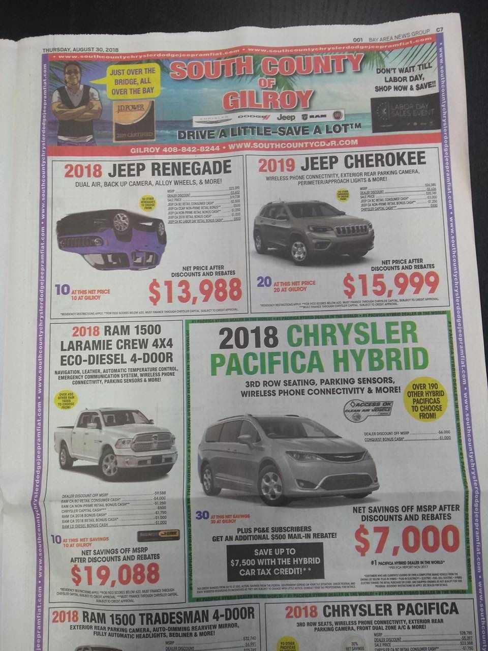 2 SOU В OVER THEBAY В a у ном SAVE" Gill 10 A В В 2018 JEEP RENEGADE 2019 JEEP CHEROKEE DUAL BACK UP CAMERA, ALLOY WHEELS, MOREL В i pice В REBATES 20 AND 613,988 915,999 В 2 2018 RAM 1500 В axa 2018 