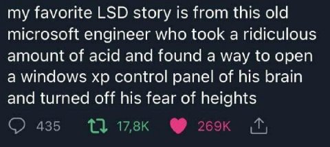 my favorite LSD story is from this old microsoft engineer who took a ridiculous amount of acid and found a way to open a windows control panel of his brain and turned off his fear of heights 435