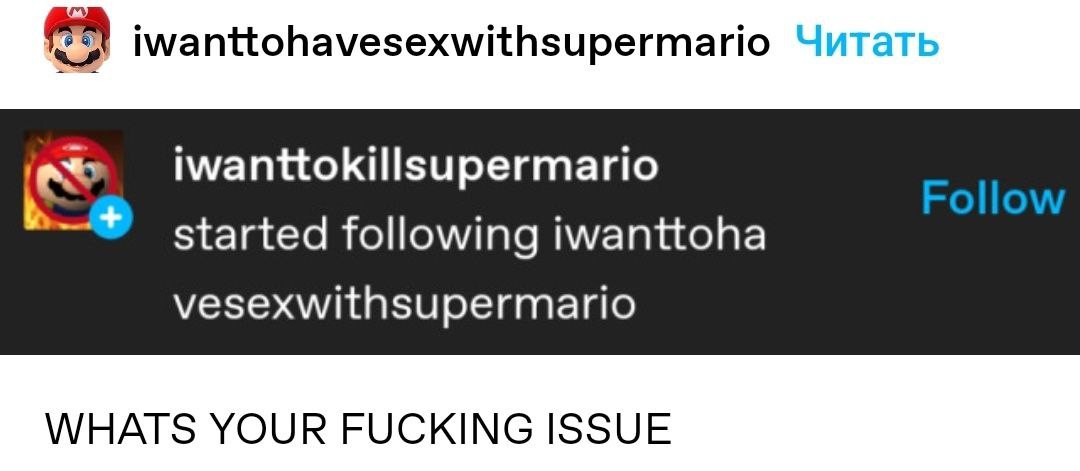 iwanttohavesexwithsupermario Читать started following iwanttoha vesexwithsupermario WHATS YOUR FUCKING ISSUE