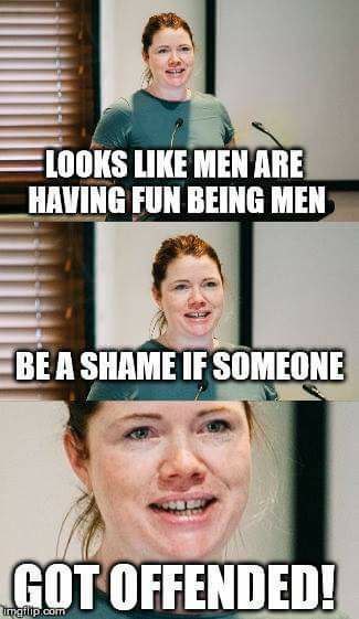 LOOKS LIKE MEN ARE HAVING FUN BEING MEN я A SHAME IF SOMEONE ane у ‘ROT OFFENDED!