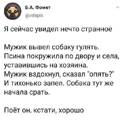 Фомет У @vdspix Я сейчас увидел нечто странное Мужик вывел собаку гулять. Псина покружила по двору и села, уставившись на хозяина. Мужик вздохнул, сказал "опять?" И тихонько запел. Собака тут же начал