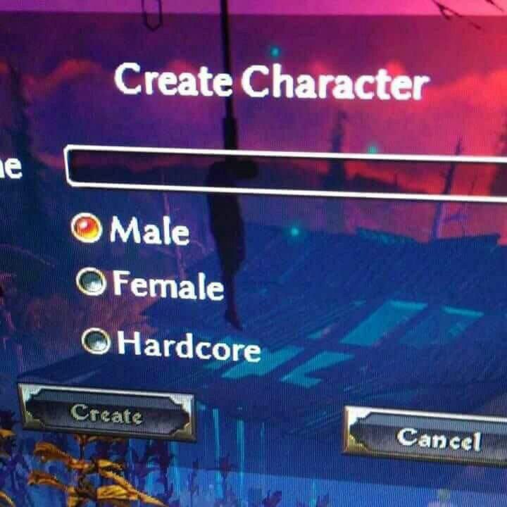 Create Character Male Female Hardcore Cancel