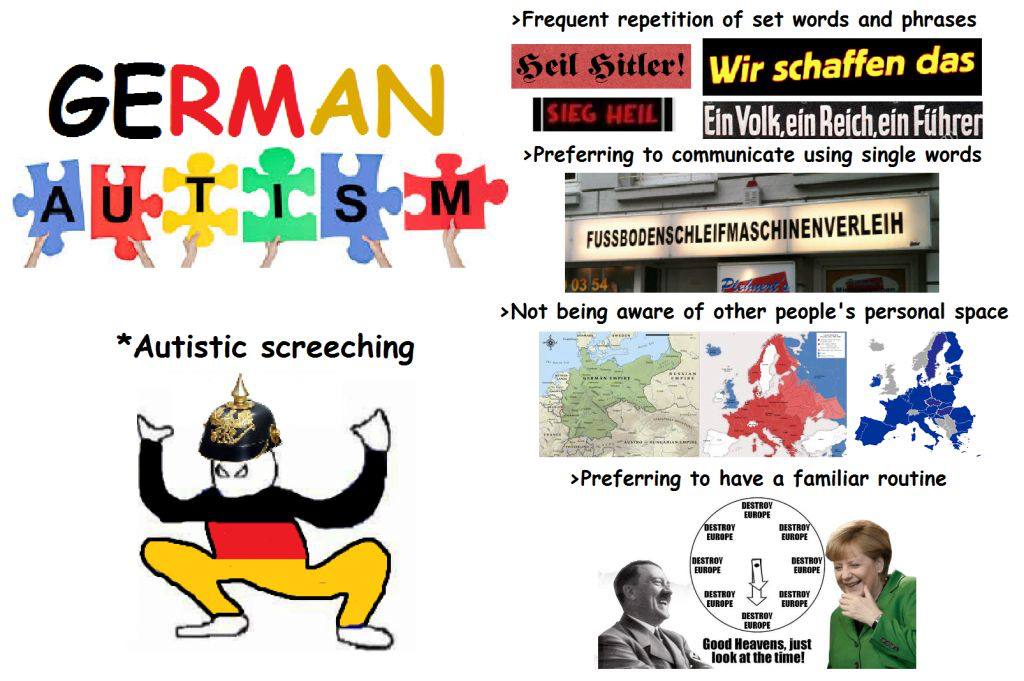 >Frequent repetition of set words and phrases Wir schaffen das ein to using single words >Not aware of other personal space *Autistic screeching SIN >Preferring to have a Familiar routine Good Heavens