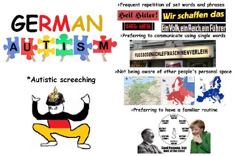 >Frequent repetition of set words and phrases Wir schaffen das ein to using single words >Not aware of other personal space *Autistic screeching SIN >Preferring to have a Familiar routine Good Heavens