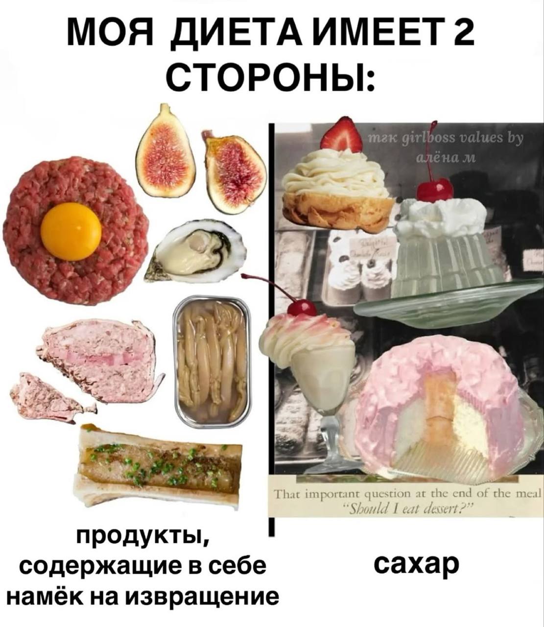 МОЯ ДИЕТА ИМЕЕТ 2 СТОРОНЫ: |1 4 5 i 2 That important question at the end of the meal “Should dessert? продукты, 1 содержащие в себе сахар намёк на извращение
