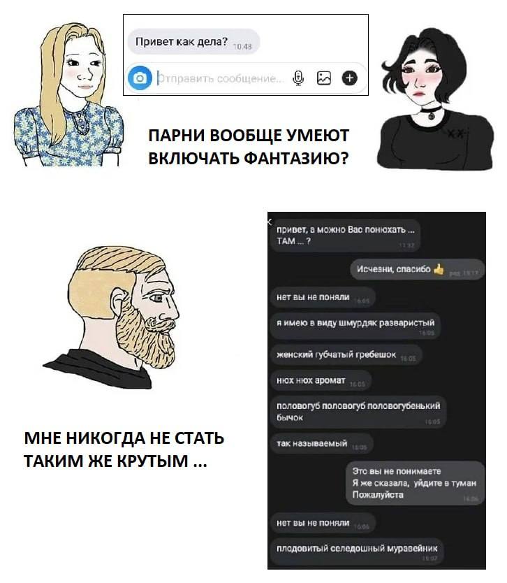 Привет как дела? ПАРНИ ВООБЩЕ УМЕЮТ ВКЛЮЧАТЬ ФАНТАЗИЮ? привет, а можно Вас понюхать ТАМ Исчезни, спасибо нет вы не поняли я имею в виду шмурдяк разваристый женский губчатый гребешок нюх нюх аромат пол