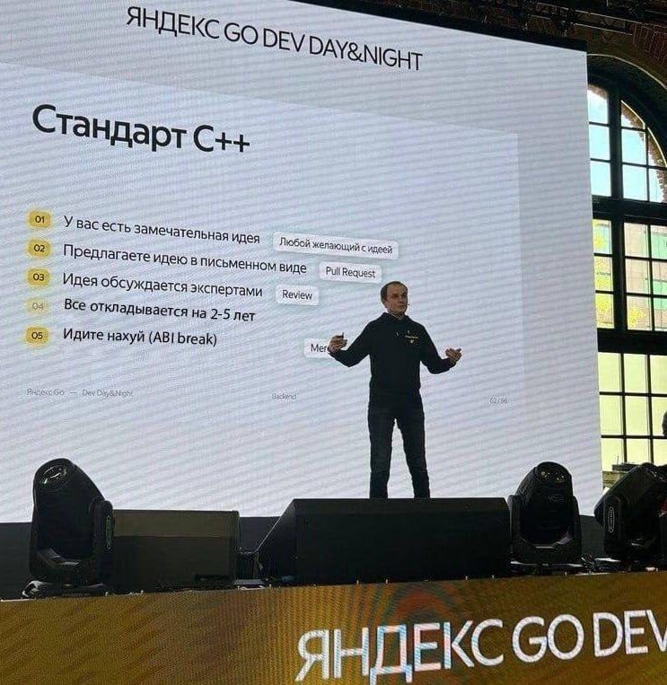НДЕКС DEy DAY&NIGHT Ста Ндарт С++ Увасесть замечательная Идея 92 Любой желающий сидеей 03 ПрРедлагаете в письменном виде Pull Requast Идея обсуждается экспертами Review Bce откладывается на 2-5 лет 05