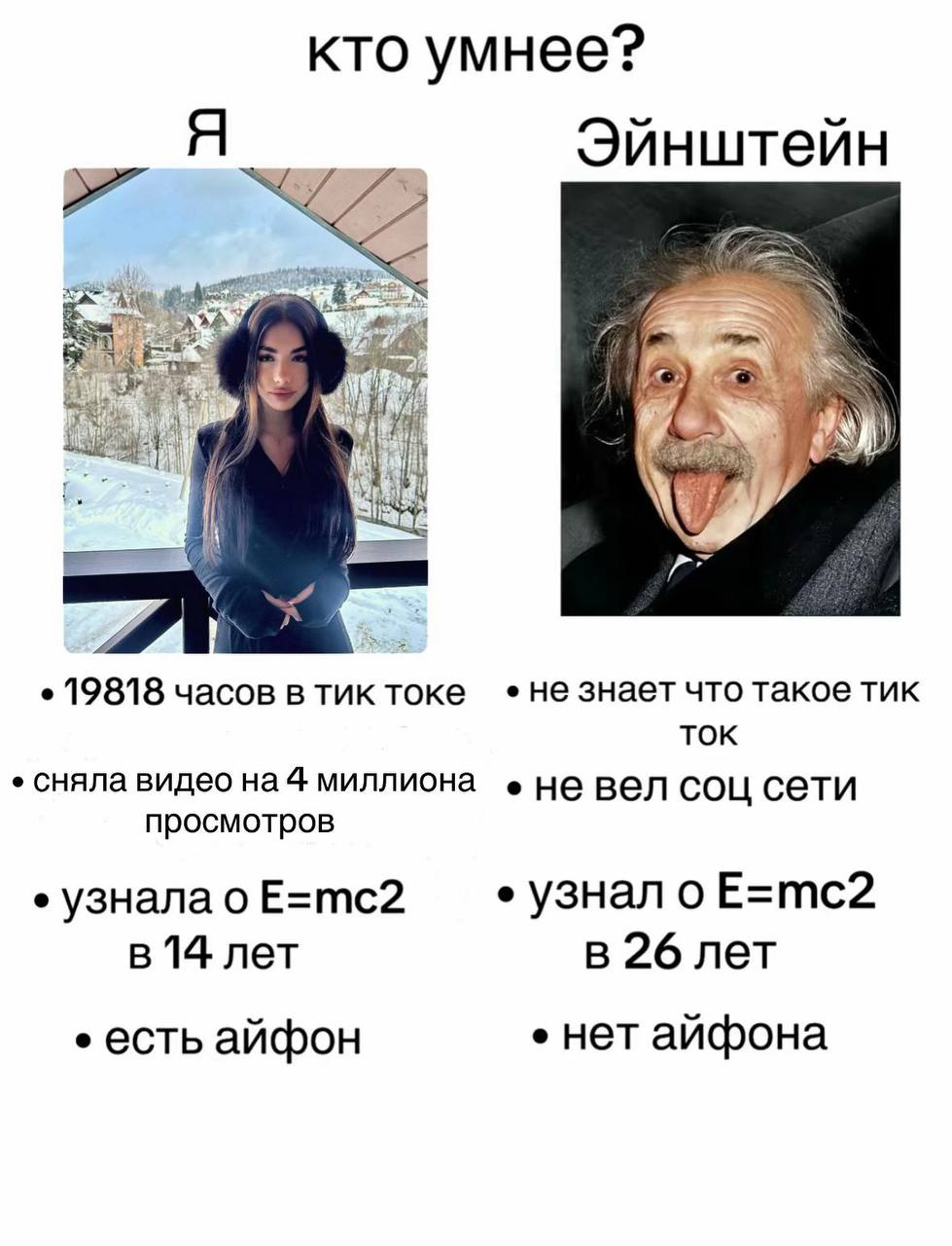кто умнее? Эйнштейн a у 19818 часов в тик токе не знает что такое тик ток сняла видео на 4 миллиона не вел соц сети просмотров узналао E=mc2 узнало E=mc2 в 14 лет в 26 лет есть айфон нет айфона