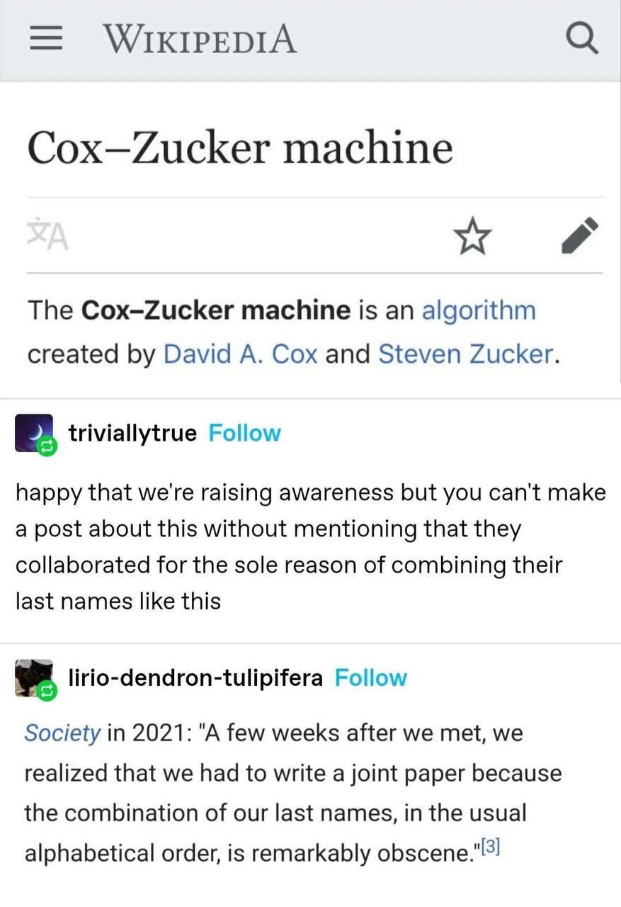 WIKIPEDIA Cox—Zucker machine The machine is algorithm created David A. Cox and Steven Zucker. triviallytrue Follow happy that we're raising awareness but you can't make a post about this without menti