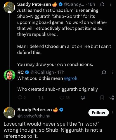 Sandy Petersen Justlearned that Chaosium is renaming Shub-Niggurath "Shub-Gorath" for its upcoming board game. No word on whether that will retroactively affect past items as they're republished. Ман 