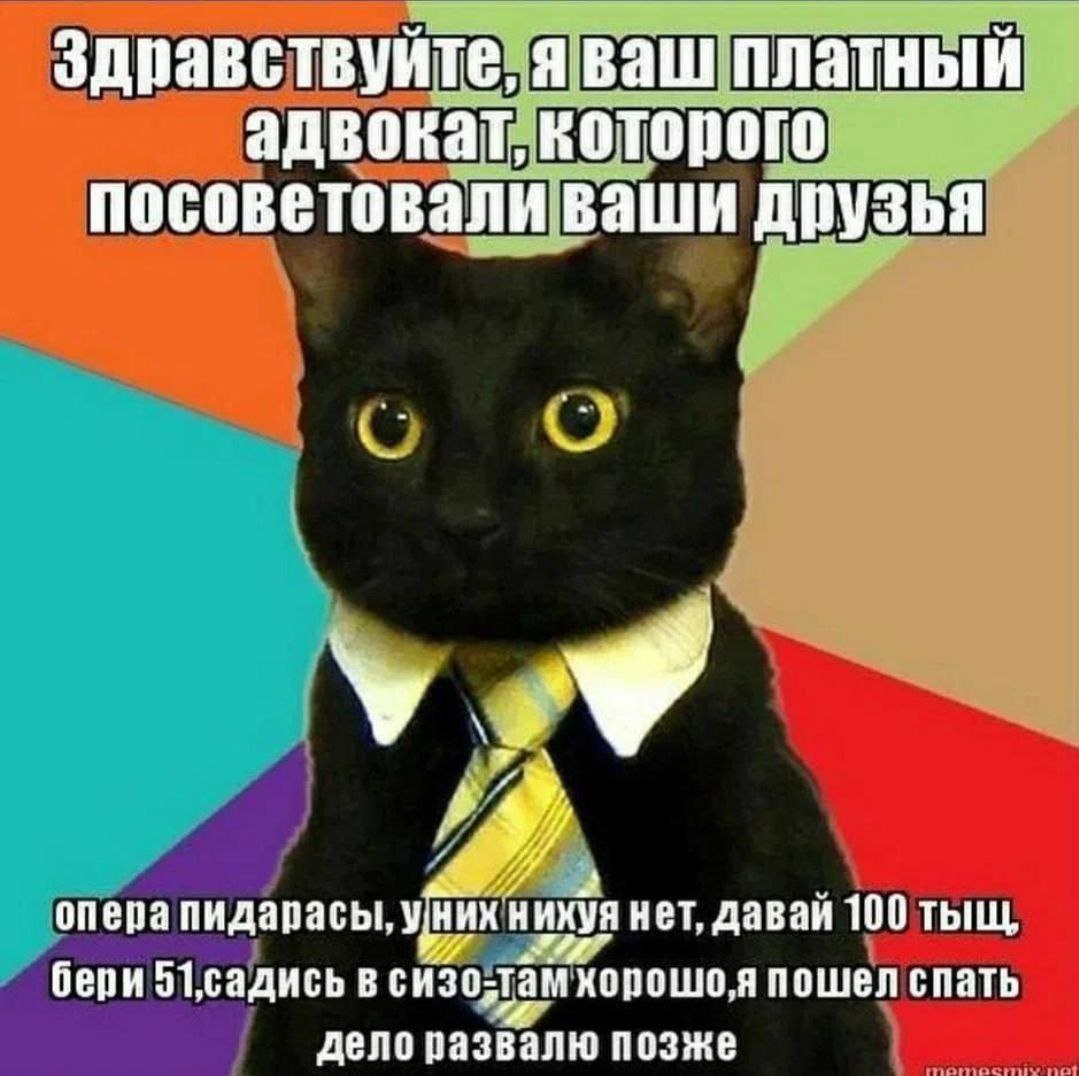 Здравствуйте, платный адвокат, которого посоветовали ваши друзья У onepa пидарасы, уних нихуя нет, давай 100 тыщ, бери в хорошо,я пошел спать дело развалю позже