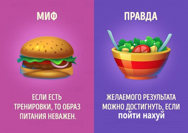 МИФ ПРАВДА ЕСЛИ ЕСТЬ ЖЕЛАЕМОГО РЕЗУЛЬТАТА ТРЕНИРОВКИ, ТО ОБРАЗ МОЖНО ДОСТИГНУТЬ, ЕСЛИ ПИТАНИЯ НЕВАЖЕН. пойти нахуй