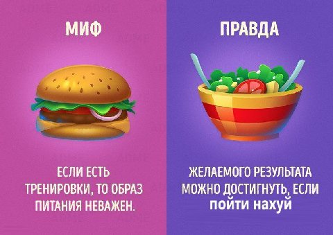 МИФ ПРАВДА ЕСЛИ ЕСТЬ ЖЕЛАЕМОГО РЕЗУЛЬТАТА ТРЕНИРОВКИ, ТО ОБРАЗ МОЖНО ДОСТИГНУТЬ, ЕСЛИ ПИТАНИЯ НЕВАЖЕН. пойти нахуй