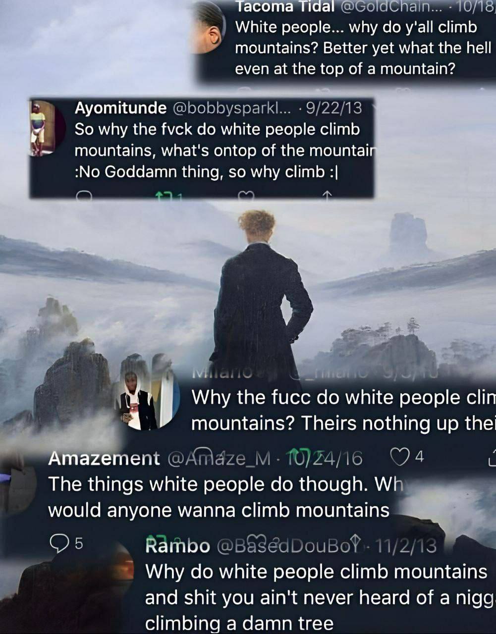 асота TO/16 White people... why y'all climb mountains? Better yet what the hell even at the top of a mountain? Ayomitunde @bobbysparkl... the fvck white people climb mountains, what's ontop of the mou