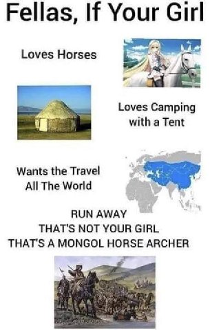 Fellas, Your Girl Loves Horses thal Loves Camping with a Tent Wants the Travel All The World RUN AWAY THAT'S МОТ YOUR GIRL THAT'S A MONGOL HORSE ARCHER