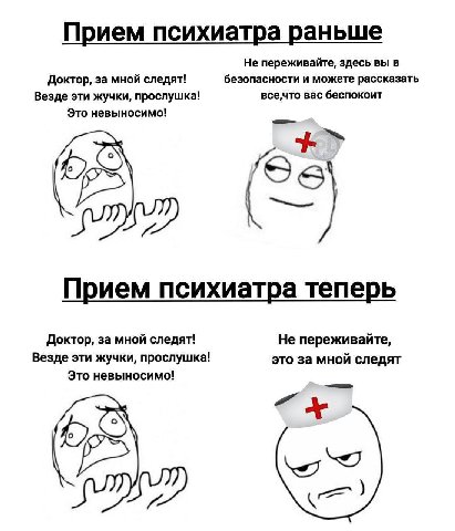 Прием психиатра раньше Не переживайте, здесь вы в Доктор, за мной следят! безопасности и можете рассказать все,что вас беспокоит Везде эти жучки, прослушка! Это невыносимо! Прием психиатра теперь Докт
