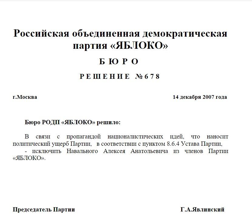 Российская объединенная демократическая партия «ЯБЛОКО» БЮРО РЕШЕНИЕ №678 г.Москва 14 декабря 2007 года Бюро РОДП «ЯБЛОКО» решило: В СВЯЗИ с пропагандой националистических идей, что наносит политическ