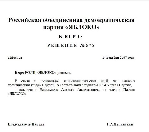 Российская объединенная демократическая партия «ЯБЛОКО» БЮРО РЕШЕНИЕ №678 г.Москва 14 декабря 2007 года Бюро РОДП «ЯБЛОКО» решило: В СВЯЗИ с пропагандой националистических идей, что наносит политическ