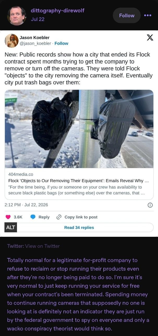 dittography-direwolf Follow Jul 22 Jason Koebler @jason_koebler Follow New: Public records show how a city that ended its Flock contract spent months trying to get the company to remove or turn off th