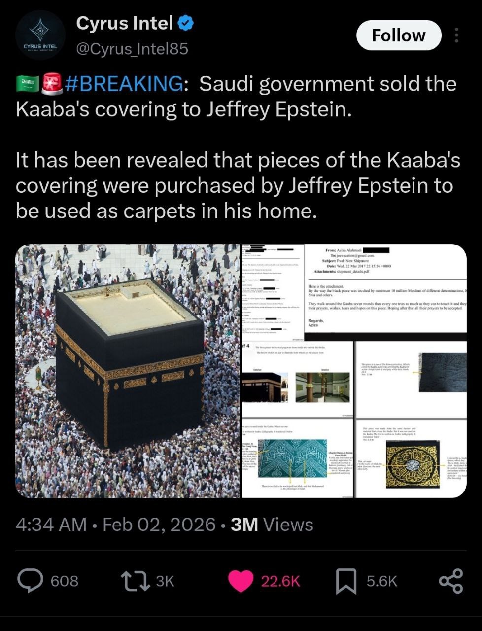 Cyrus Intel Saudi government sold the covering to Jeffrey Epstein. It has been revealed that pieces of the Kaaba's covering were purchased Jeffrey Epstein to be used as carpets in his home. 7