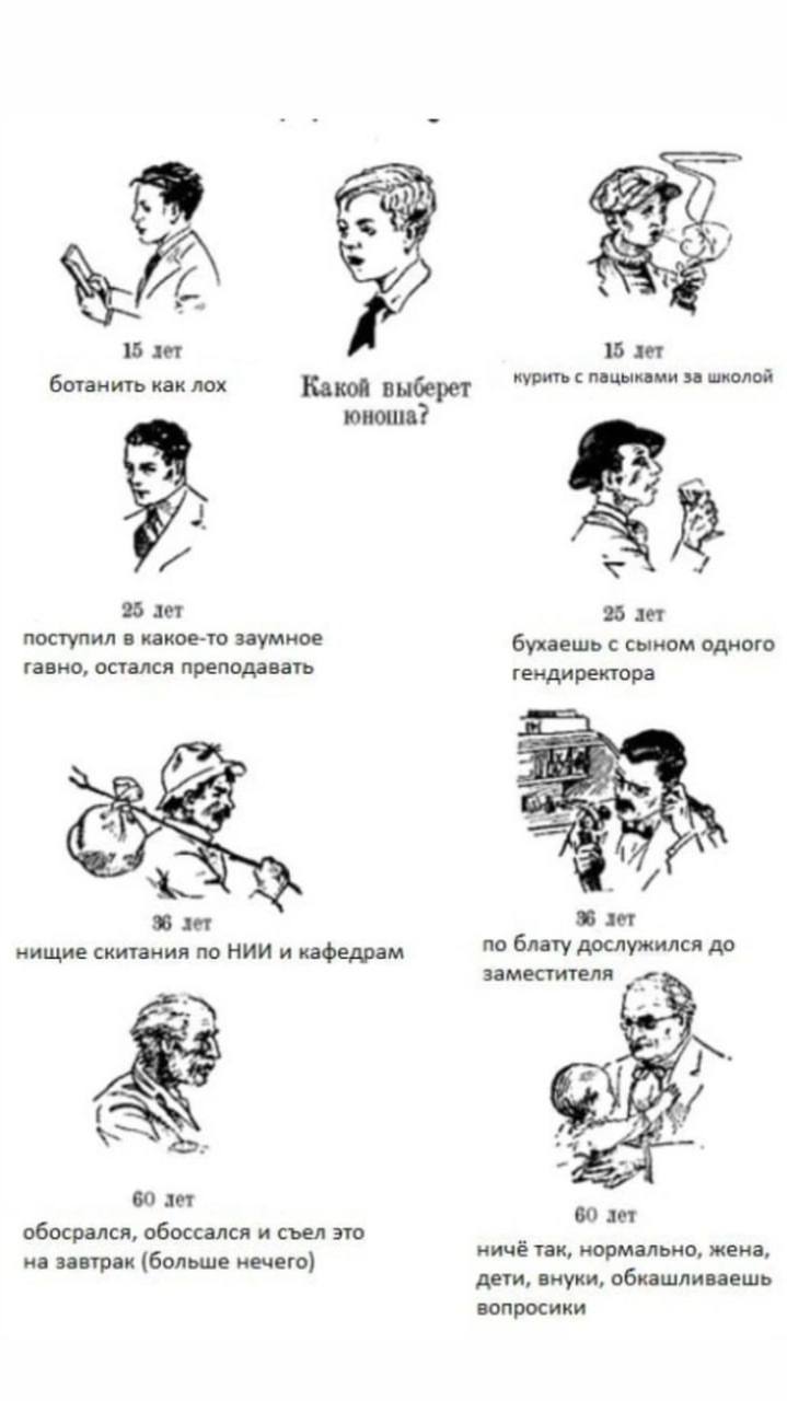 4 15 лет 15 лет ботанить как лох Какой выберет курить с пацыками за школой юноша? 25 лет 25 лет поступил в какое-то заумное бухаешь с сыном одного гавно, остался преподавать гендиректора wis 1 4 96 ле