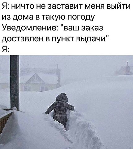 Я: ничто не заставит меня выйти из дома в такую погоду Уведомление: "ваш заказ доставлен в пункт выдачи" Я