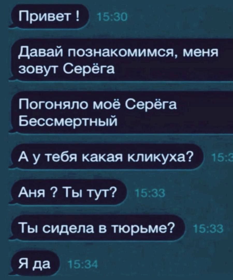 Привет! Давай познакомимся, меня зовут Серёга Погоняло моё Серёга Бессмертный А утебя какая кликуха? Аня Ты тут? Ты сидела в тюрьме? Я да 15:34
