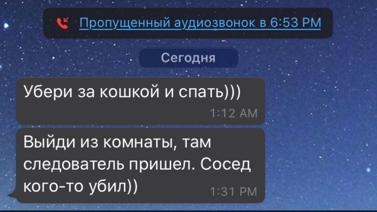 Пропущенный аудиозвонок в Сегодня Убери за кошкой и спать))) Выйди из комнаты, там следователь пришел. Сосед кого-то убил))