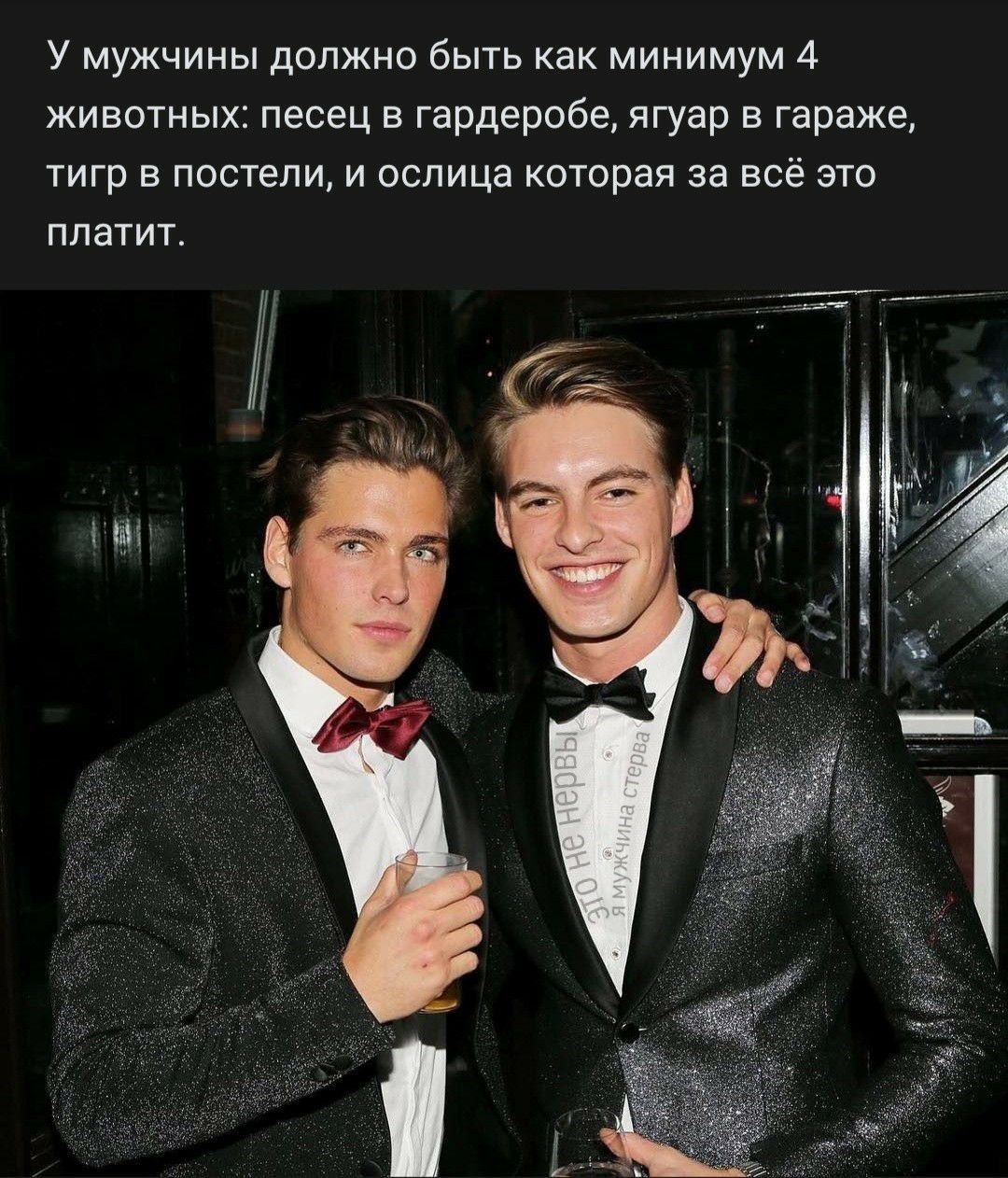 У мужчины должно быть как минимум 4 животных: песец в гардеробе, ягуар в гараже, тигр в постели, и ослица которая за всё это платит. А