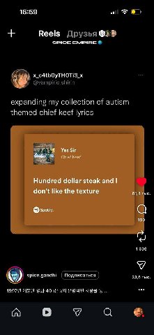 16:59 Reels SPICE CMPIRE c4tbOyTHOTi3 expanding my collection of autism themed chief keef lyrics a Yes Sir Hundred dollar steak and don't like the texture 61,4 тыс. Зро у 199 1306 Подписаться 23,6 тыс