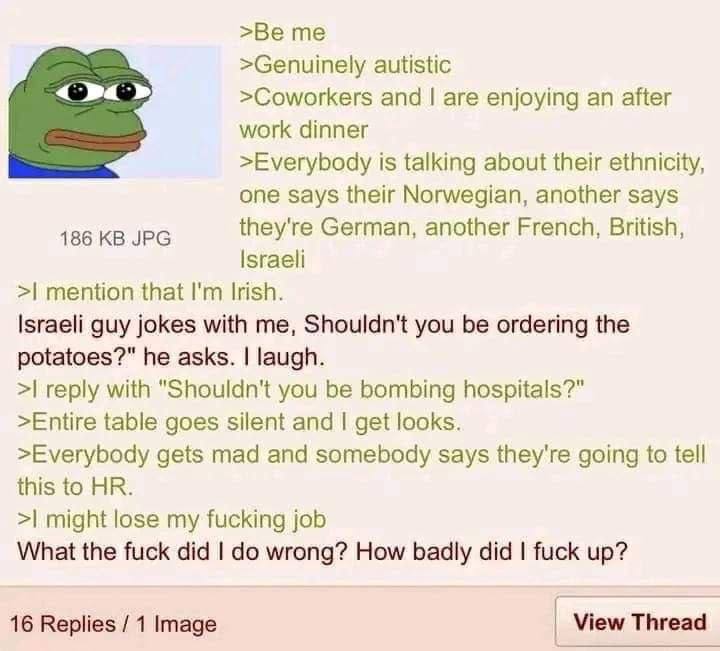 >Genuinely autistic >Coworkers and are enjoying an after work dinner >Everybody is talking about their ethnicity, one says their Norwegian, another says 186 JPG they're German, another French, British