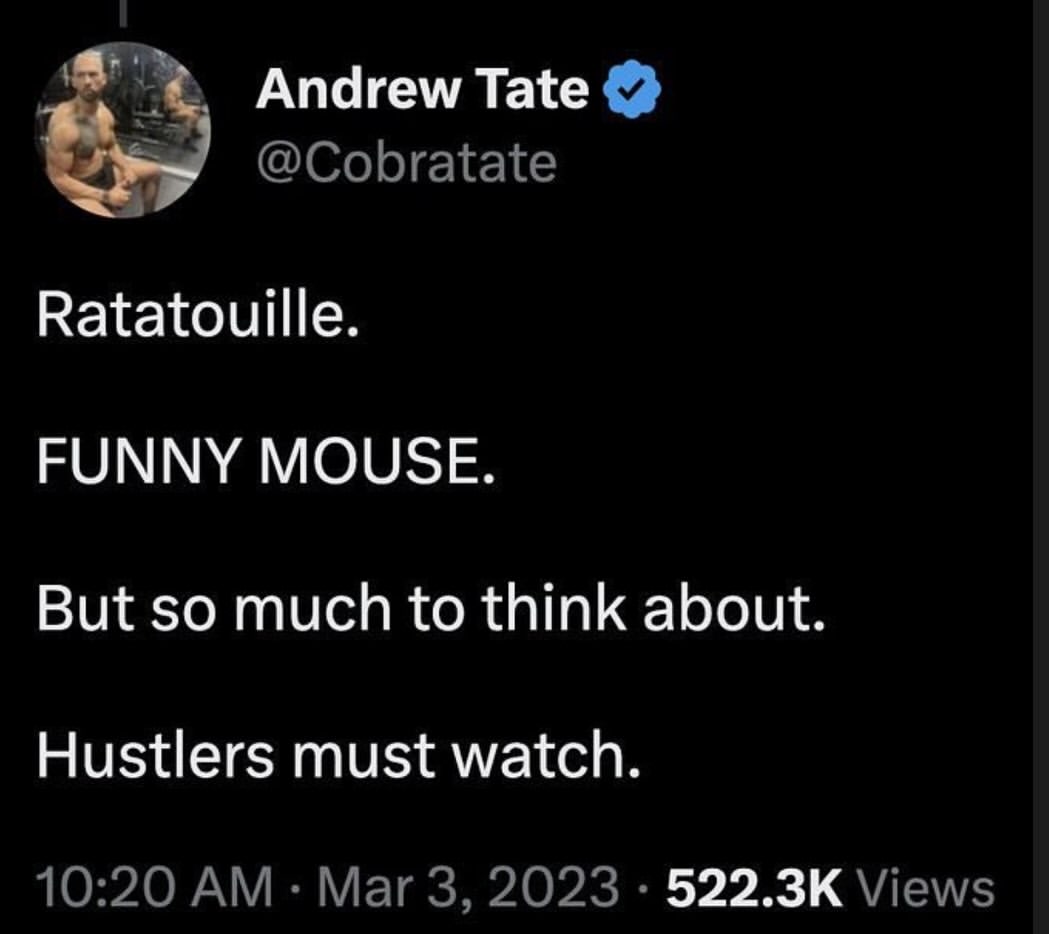 Andrew Tate @Cobratate Ratatouille. FUNNY MOUSE. But so much to think about. Hustlers must watch. 10:20 Mar 3, 2023 Views