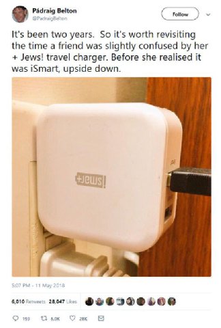 Padraig Belton Follow It's been two years. So it's worth revisiting the time a friend was slightly confused her Jews! travel charger. Before she realised it was iSmart, upside down. 6,010 28.047 2